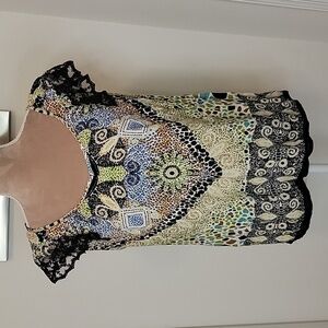 Forbidden Los Angeles, Size L, Boho Multi-Color Cap Sleeve Top, EUC